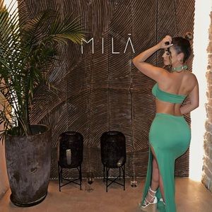Green halter tropical slit dress